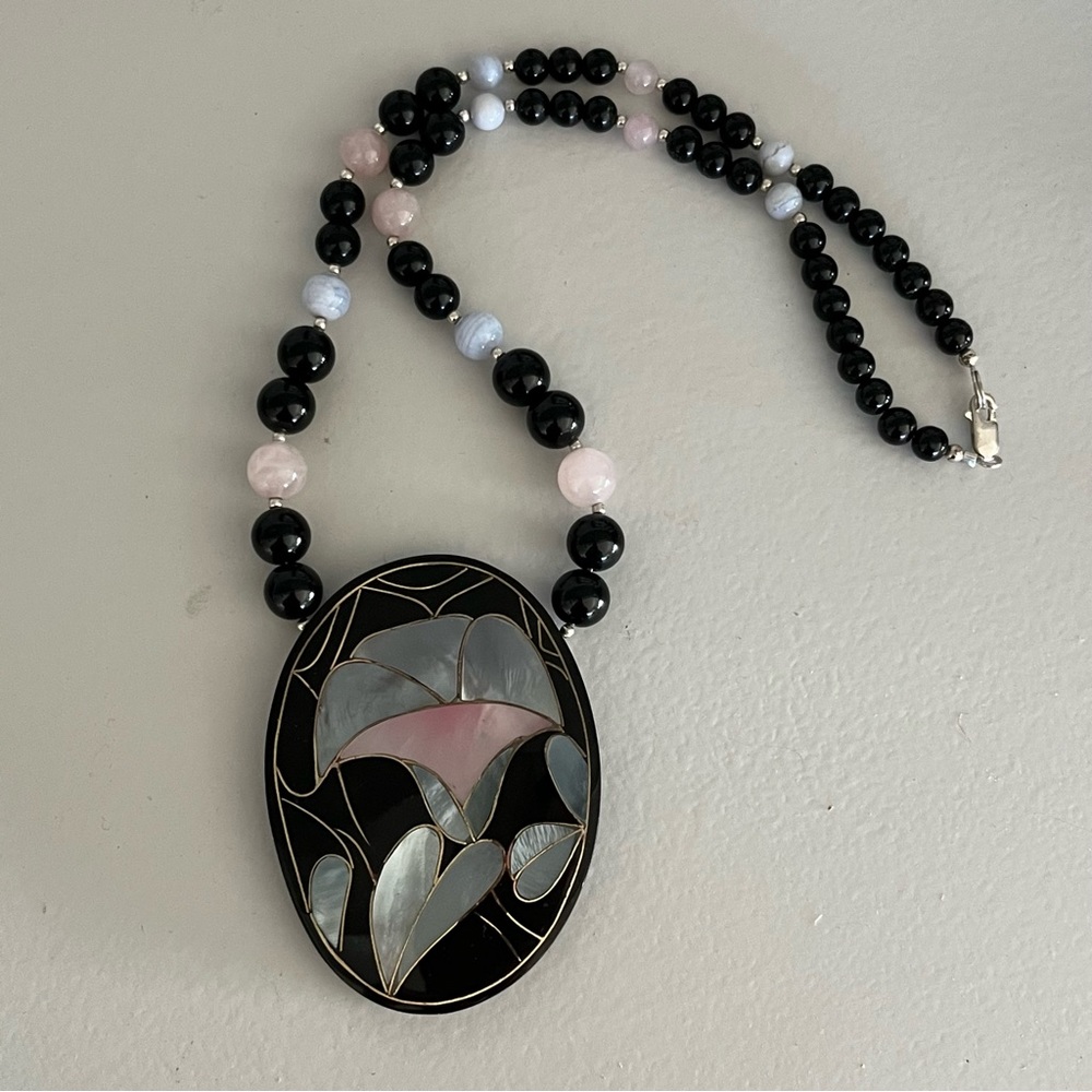 $175 VTG Sterling 925 MOP Inlay Pink Jade BLK Onyx Agate Bead Designer Necklace